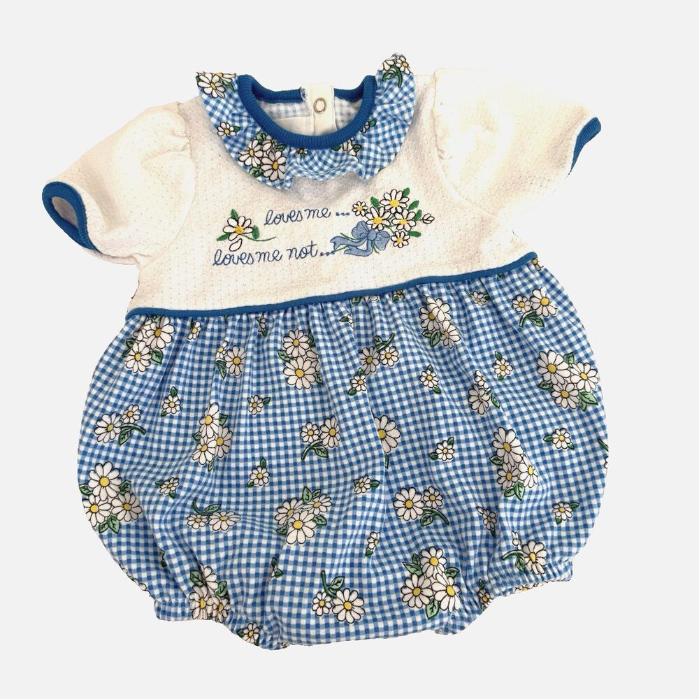 Vtg 90s Healthtex Baby Girls 6-9M Bubble Romper Daisy Flower Blue Gingham USA